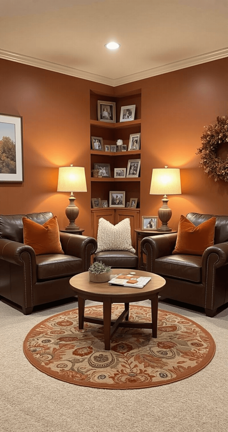 A cozy family room corner with oversized brown leather chairs facing each other, a round wooden coffee table with gratitude game materials, warm terracotta walls, and built-in bookshelves filled with family photos, illuminated by soft lamplight and accented with autumn paisley rugs and textured throw pillows.