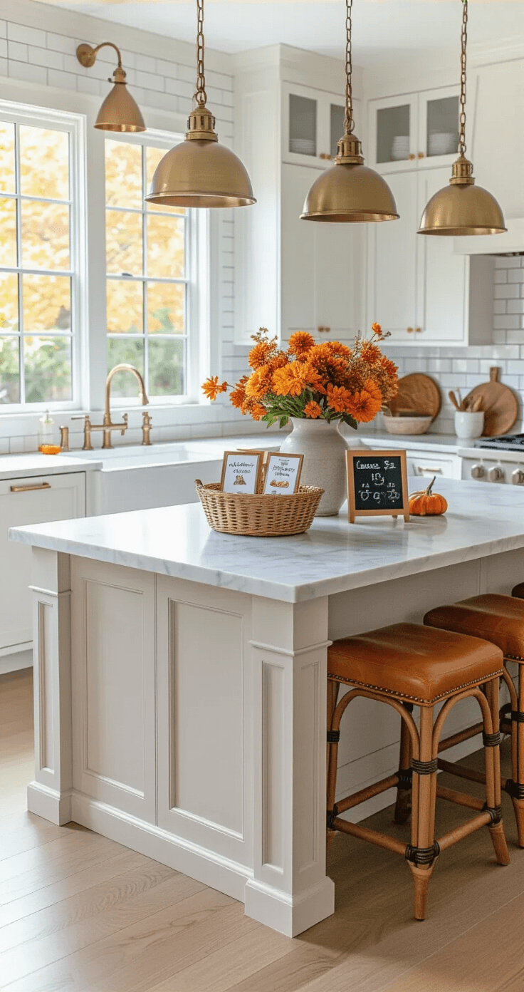 A bright white kitchen with an 8-foot marble-topped island set up for Thanksgiving charades, featuring warm wood cabinets, brass pendant lights, cognac leather stools, and autumn-themed decorations.