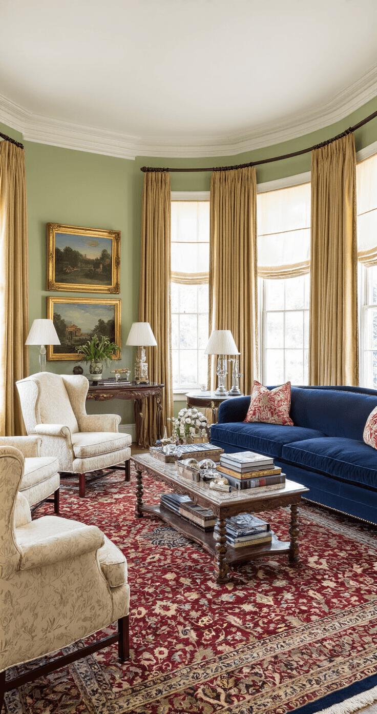 A formal living room with traditional furnishings, featuring a large Persian rug and a curved navy velvet sectional sofa, complemented by cream wingback chairs. The room is bathed in warm afternoon light, with elegant game setups on an antique side table, fresh fall flowers in a silver vase, and soft lighting from crystal lamps under heavy gold drapes, all against sage green walls adorned with gilded artwork.