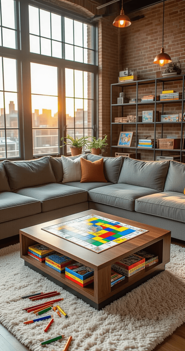 A modern living room bathed in warm golden hour light, featuring a walnut coffee table with a colorful handmade Drinkopoly game, surrounded by crafting supplies on an ivory rug, and accented by exposed brick walls and ambient copper lighting.