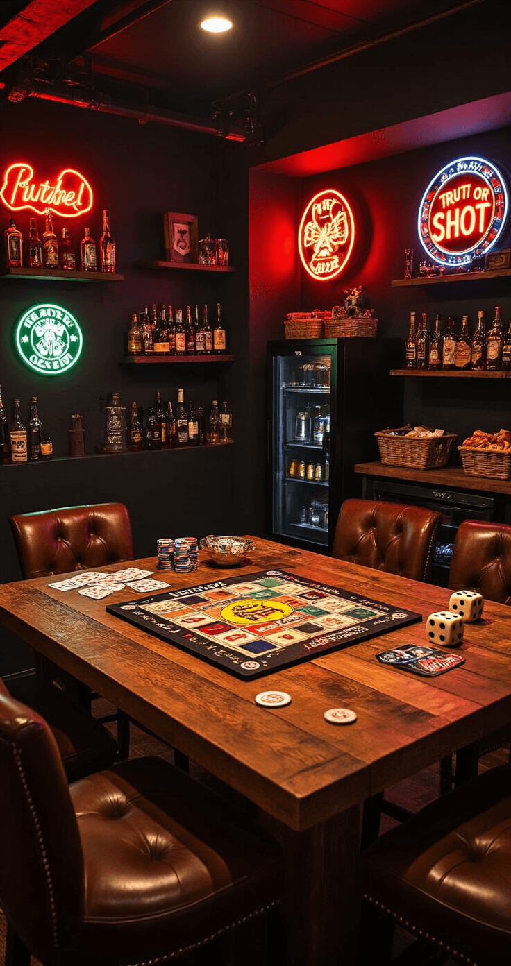 A cozy basement game room featuring warm amber LED lighting, a rustic wood table with vintage leather bar stools, a vibrant Truth or Shot game board, oversized foam dice, and quirky bottle cap pieces, set against dark charcoal walls with neon beer signs and shelves of craft spirits.
