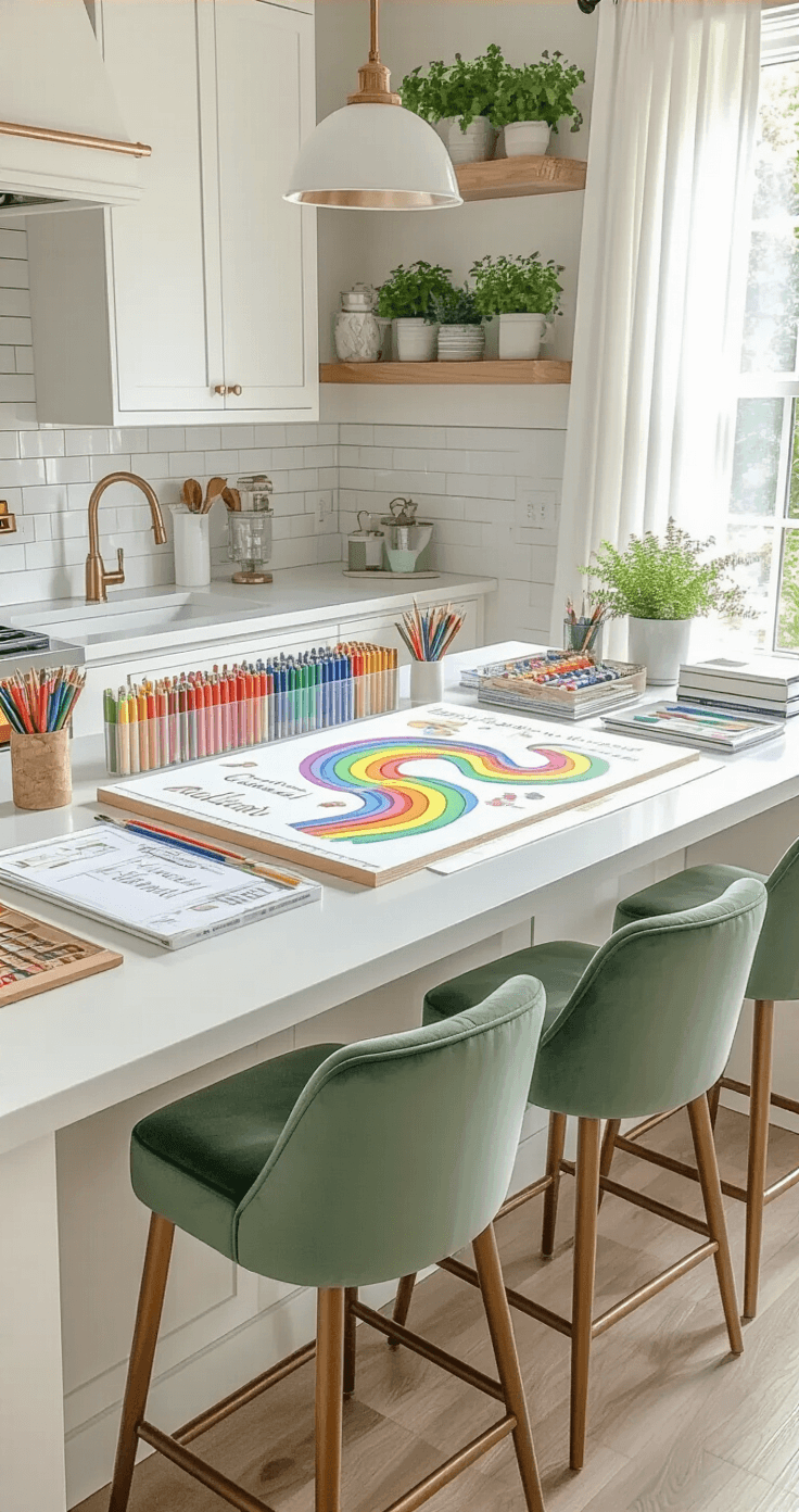 A bright kitchen island transformed into a crafting station, featuring a colorful Drinkyland board in progress, surrounded by organized art supplies and illuminated by natural light.
