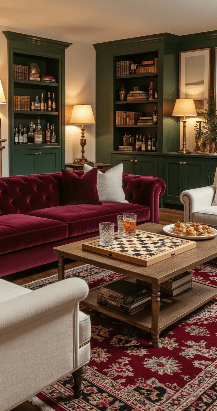 A cozy living room set for an evening game night, featuring warm lighting, an oak coffee table with a custom drinking board game and cocktails, a plush burgundy velvet sofa, cream bouclé armchairs, a vintage Persian rug, forest green bookshelves with games and spirits, and brass accents.