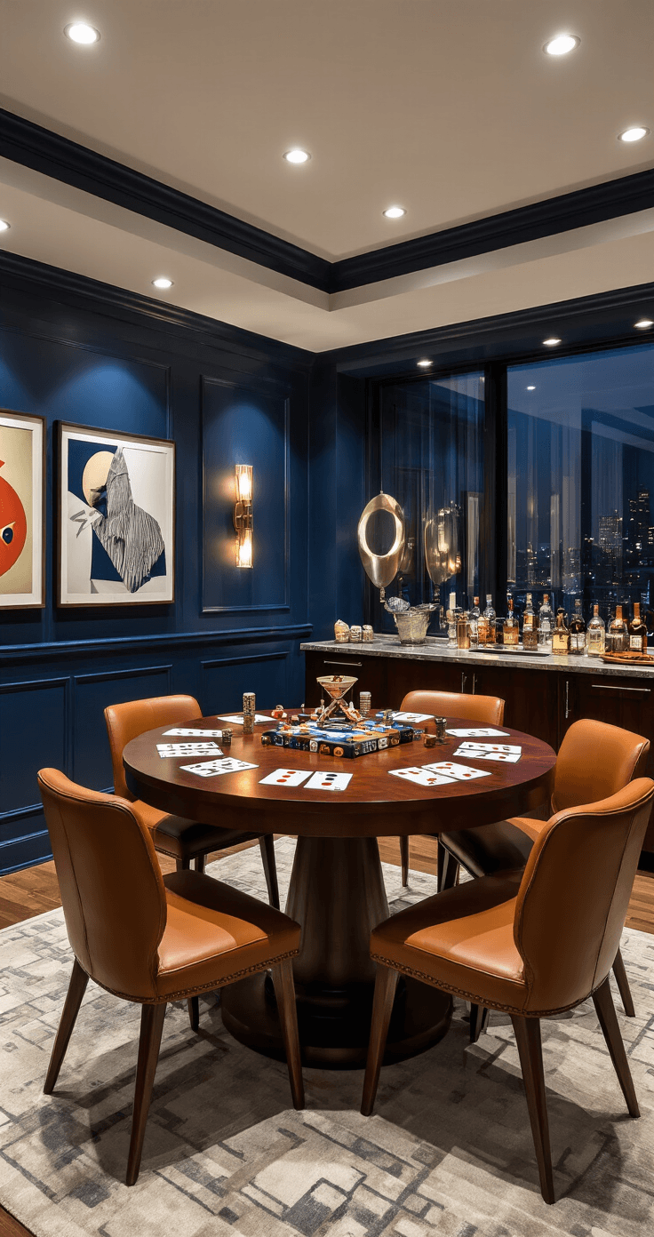 A luxurious entertainment room with deep navy walls, featuring a large round mahogany table surrounded by cognac leather chairs, adorned with a DIY drinking game setup, recessed warm lighting, a glowing wet bar, and city lights visible through sheer window panels.