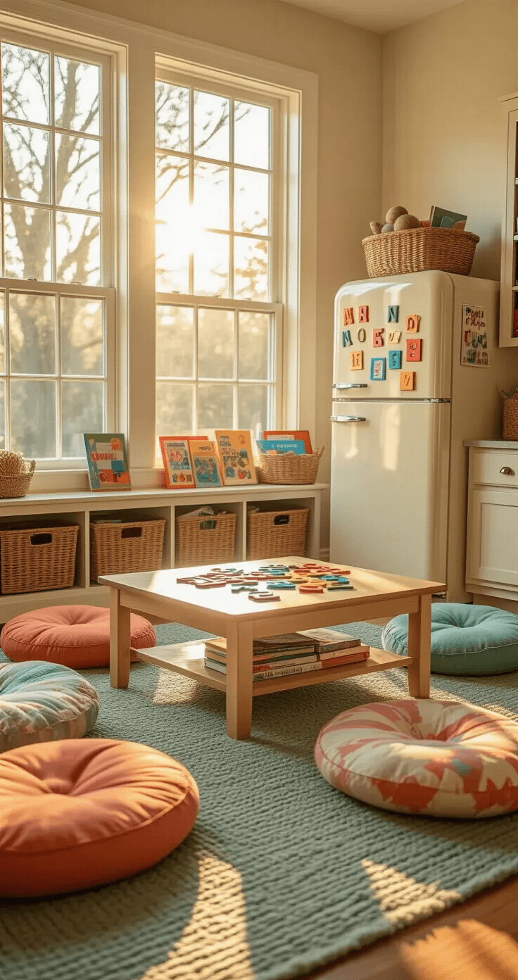 A cozy children's learning corner in a sunlit home library, featuring a low wooden table with colorful floor cushions, scattered magnetic letters on a vintage refrigerator, vibrant flashcards, and a soft sage green rug, all bathed in warm afternoon light.