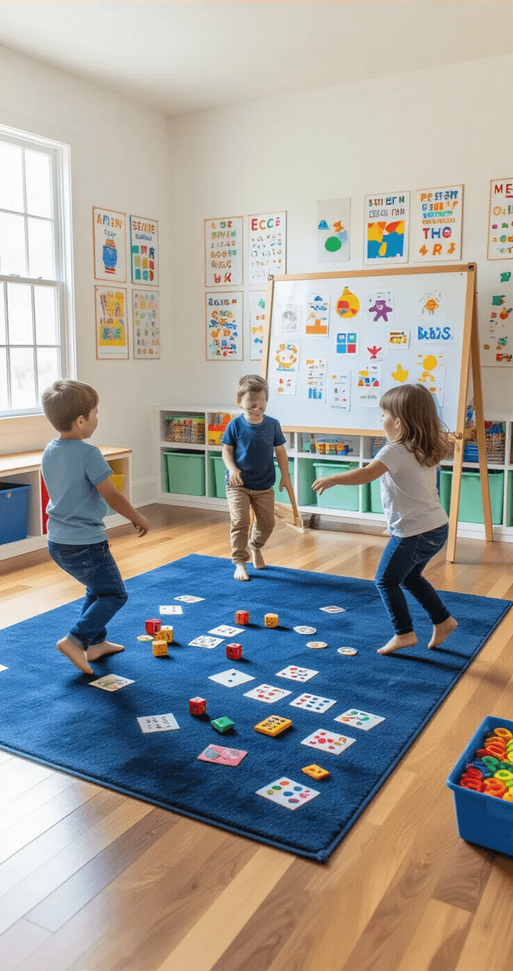 A vibrant children's playroom filled with kids mid-jump during an energetic game, featuring light hardwood floors, white walls with colorful alphabet posters, and a large navy blue area rug. A magnetic whiteboard displays drawings and picture cards scattered across the floor create a rainbow pattern, while mint green storage cubes hold educational supplies.