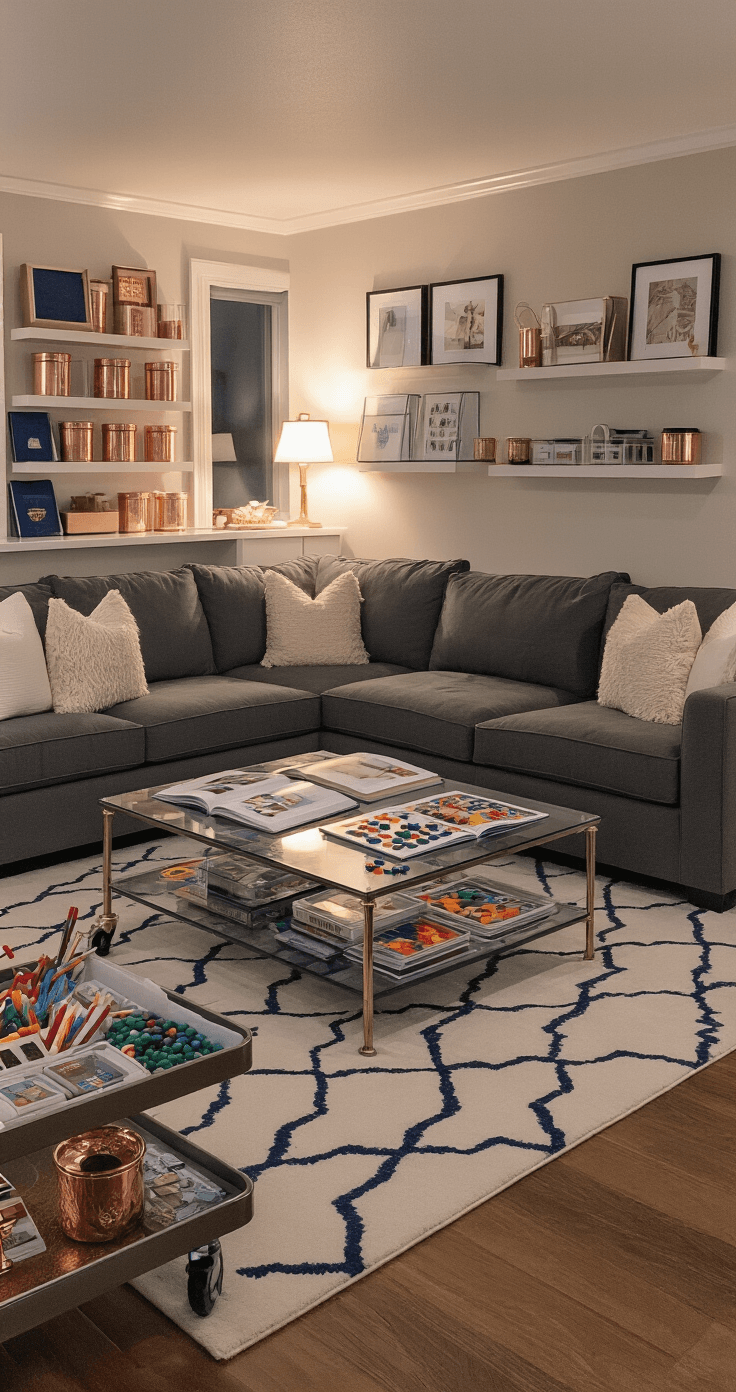 A modern family living room transformed into an interactive game zone, featuring a charcoal gray sectional sofa, a glass coffee table with open picture books and game pieces, floating shelves with organized flashcards, a rolling cart with rose gold art supplies, plush cream throw pillows, and a geometric navy and white rug, all bathed in warm lamp and natural twilight lighting.