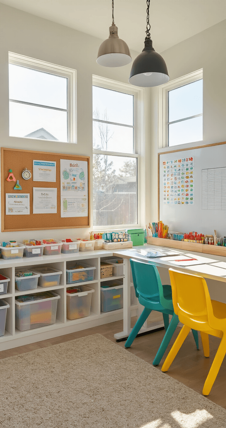 A bright and organized home learning studio featuring a central height-adjustable table, ergonomic chairs, a built-in shelving unit with colorful labeled bins, a cork board with achievements, a whiteboard for tracking progress, and vibrant industrial-style lighting.