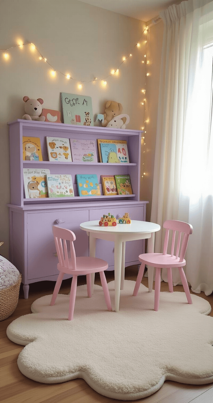A whimsical children's learning nook featuring a lavender bookshelf filled with interactive books, a white table and pastel chairs, wall decals of alphabet animals, and soft textures like a cream cloud rug and letter-shaped pillows, all illuminated by soft afternoon light.