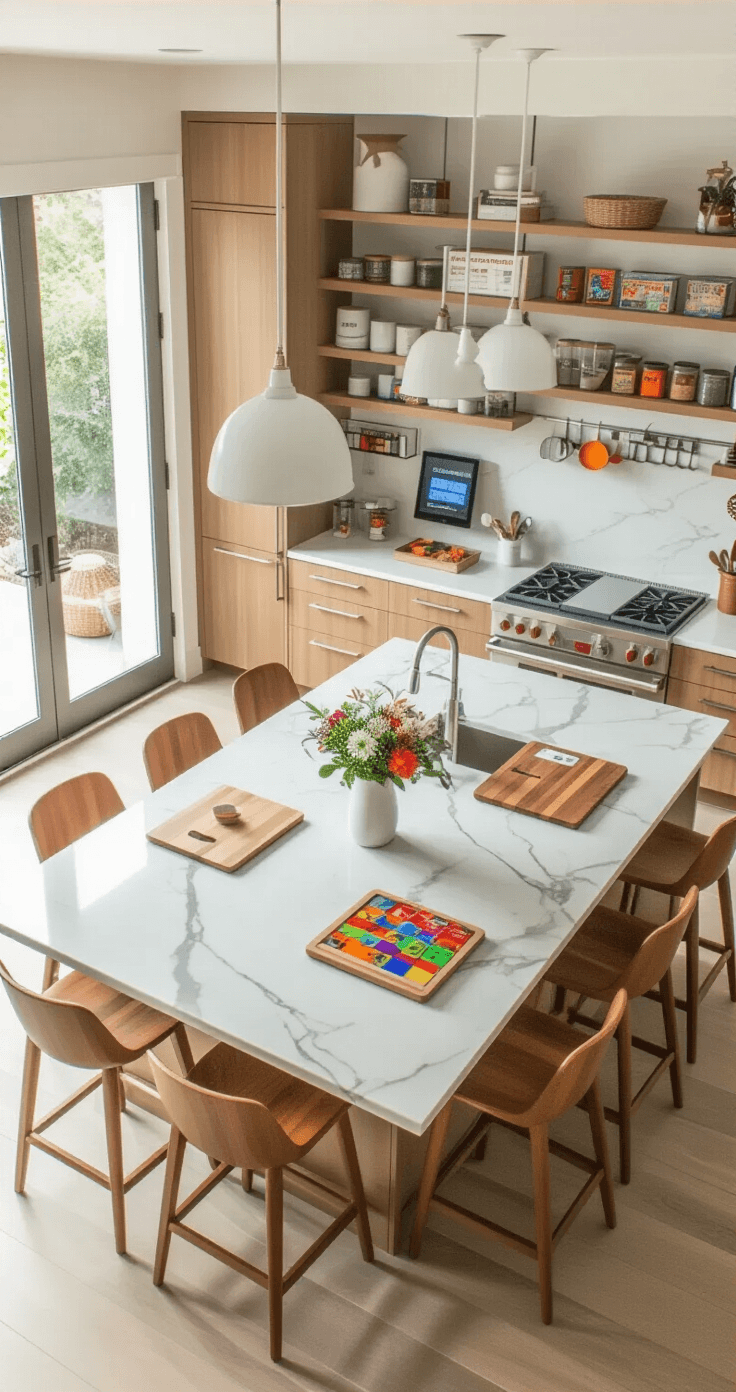 An overhead view of a contemporary open-plan kitchen island transformed into a learning headquarters, featuring a marble-topped island with wood bar stools, organized storage for flashcards and learning tools, fresh flowers in white vases, a large tablet displaying games, and stainless steel accents alongside wood cutting boards.