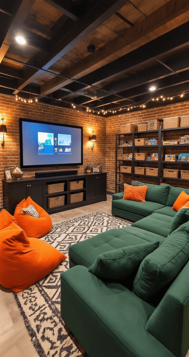 Cozy basement family room with layered warm lighting, featuring a deep forest green sectional, an entertainment center with educational apps, industrial black ceiling beams, exposed brick walls, a geometric patterned rug, bright orange bean bags, various patterned floor cushions, wall-mounted shelving with wicker baskets filled with games, and string lights for ambiance.