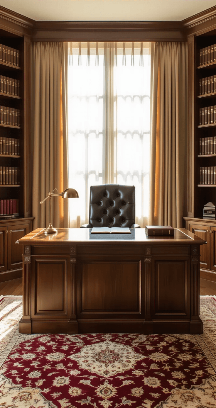 Luxury corner office with a solid walnut executive desk, high-backed leather chair, and warm golden hour sunlight casting shadows. Bookshelves filled with leather-bound volumes, a Persian rug anchors the seating area. Warm, rich textures and authoritative ambiance captured at chest height.