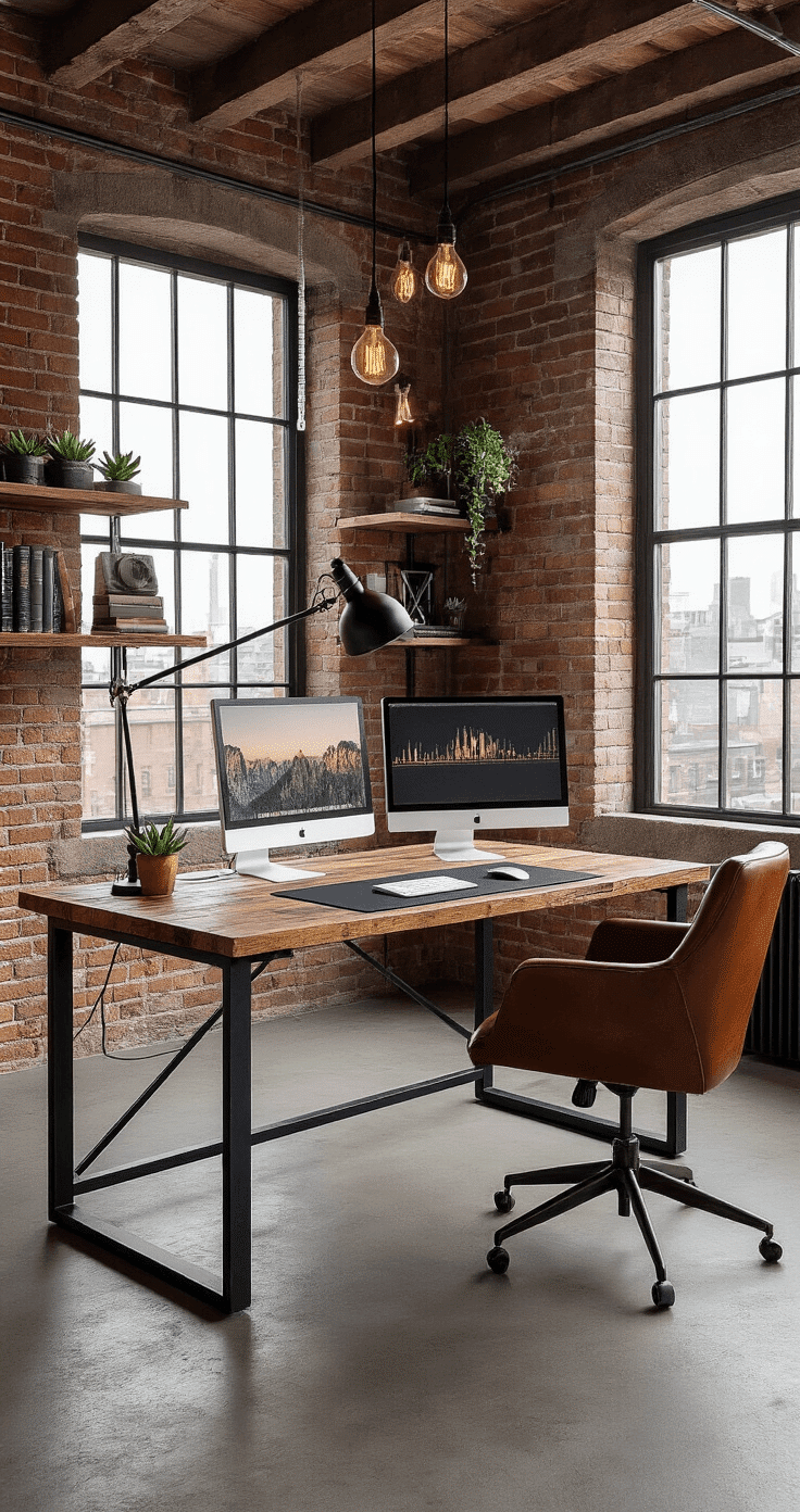 Contemporary home office in a converted loft with an industrial L-shaped desk, exposed brick walls, and large factory-style windows. Dual monitors, modern task lighting, and organized decor featuring architectural books and succulents, complemented by a cognac brown leather chair and Edison bulb pendant lights.