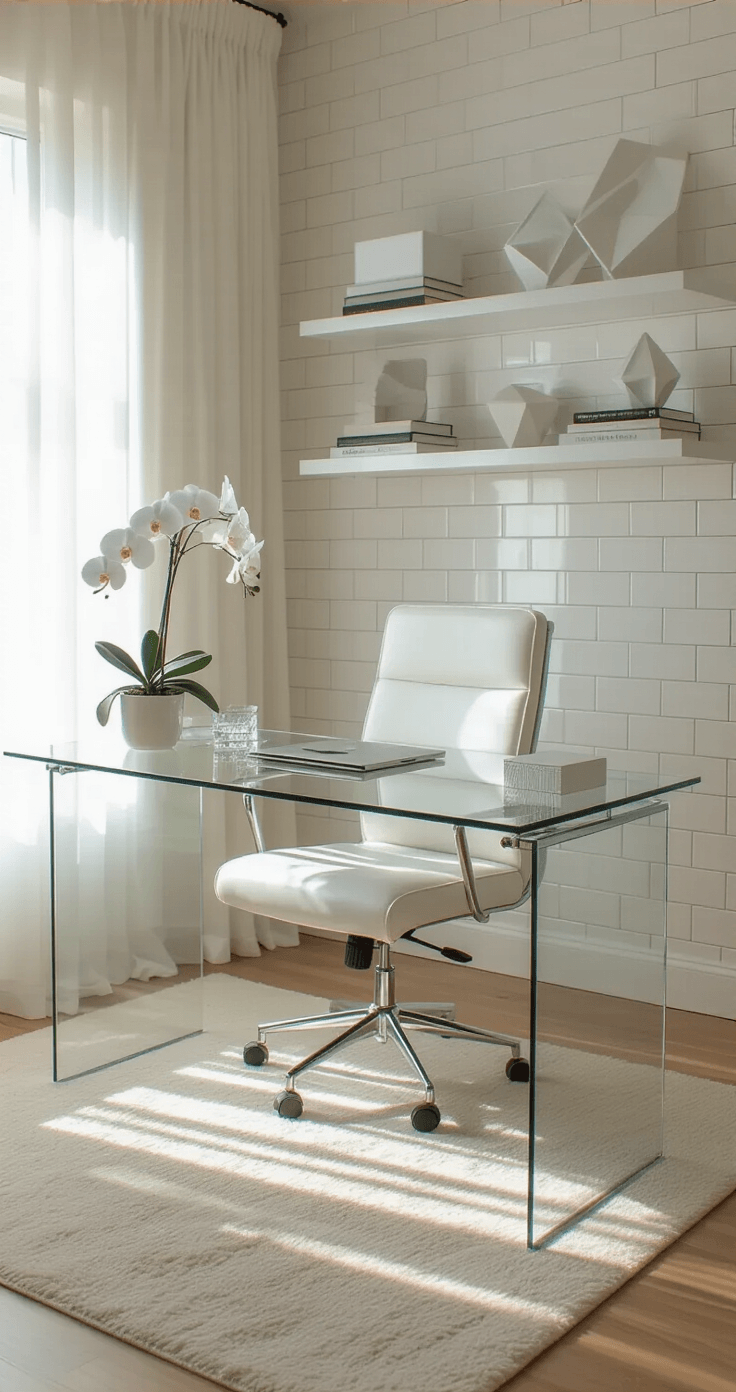 Elegant home office with a curved glass executive desk, chrome legs, minimalist white leather chair, and bright accent wall, bathed in soft morning light.