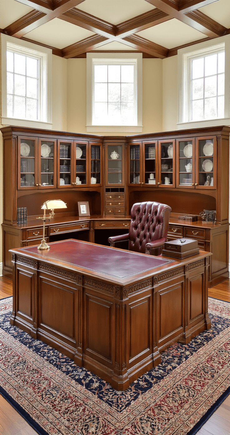 Traditional executive office featuring a U-shaped cherry wood desk with leather inlay, illuminated by afternoon light, surrounded by elegant furnishings and rich textures, showcasing a blend of classic design and luxurious materials.