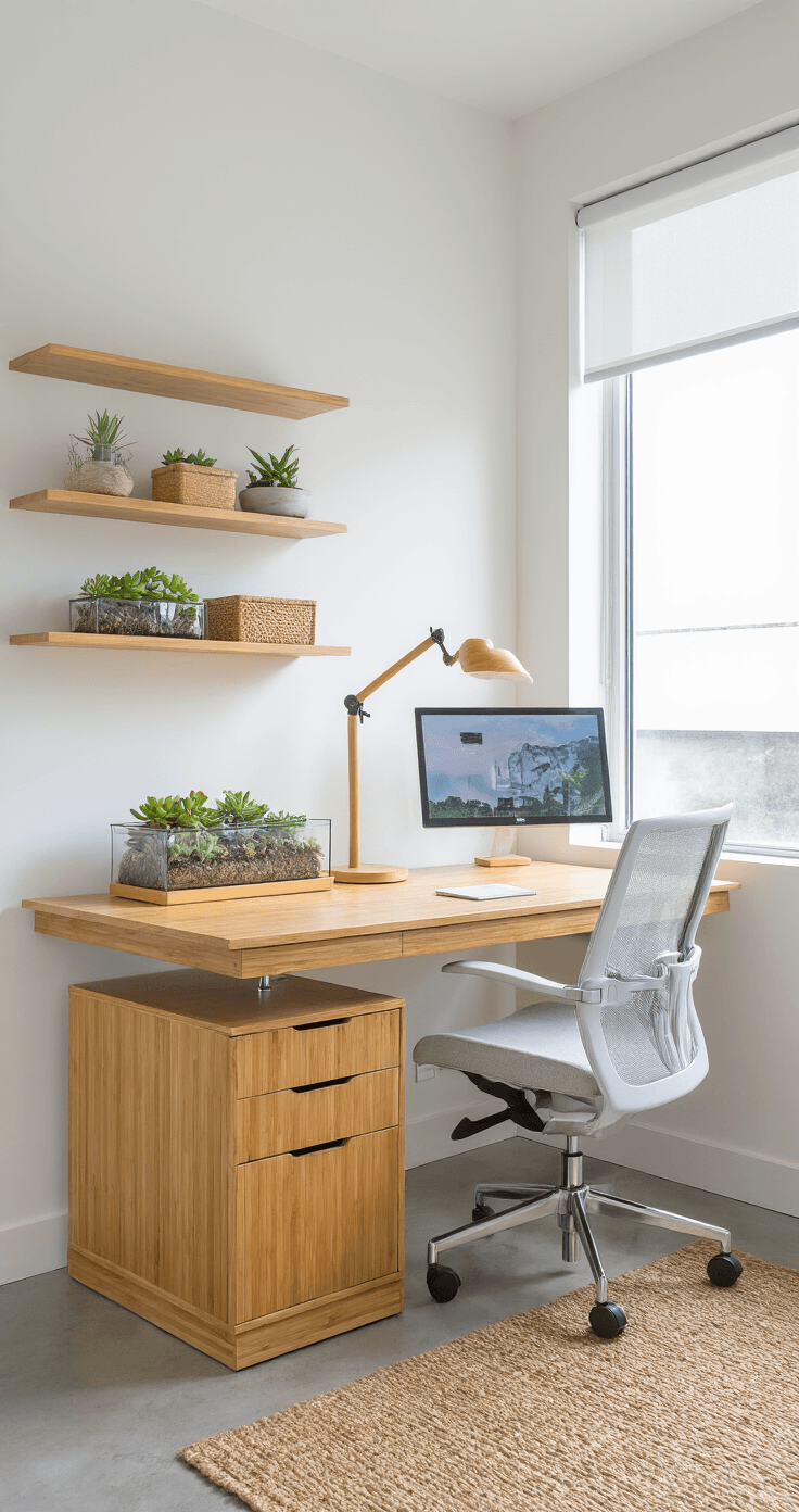 Modern minimalist home office with bamboo desk, ergonomic chair, natural light, and eco-friendly decor in a bright, 11x13 foot room.