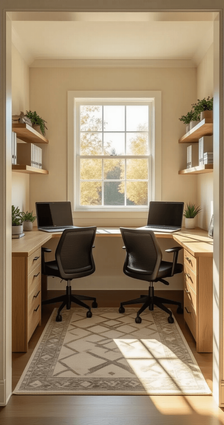 Photorealistic interior of a compact home office featuring an L-shaped oak desk, ergonomic chairs, dual monitor setup, and soft sunlight streaming through a window, casting shadows on cream walls, with organized shelves and a geometric rug.