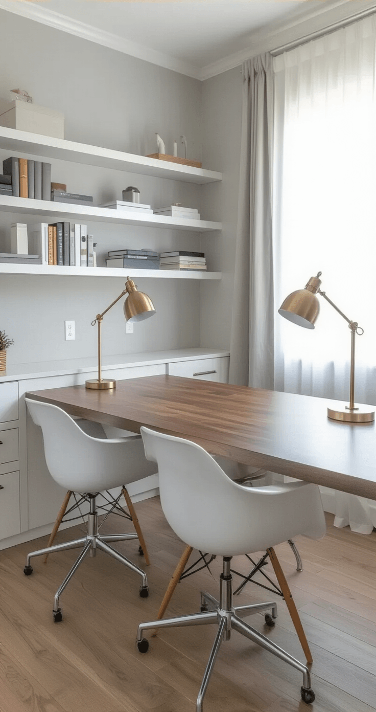 Professional interior photograph of a narrow office space featuring a walnut desk and modern task chairs, illuminated by soft morning light through sheer curtains, with organized shelving and a minimalist design.