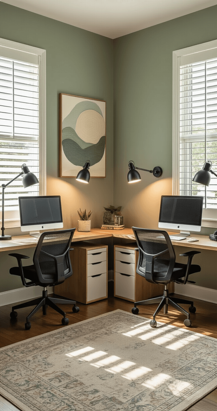 Intimate home office featuring two contemporary desks back-to-back in a small sage green room, with natural maple finishes, ergonomic chairs, and adjustable LED lamps, illuminated by late afternoon light filtering through plantation shutters, casting shadows on hardwood floors.