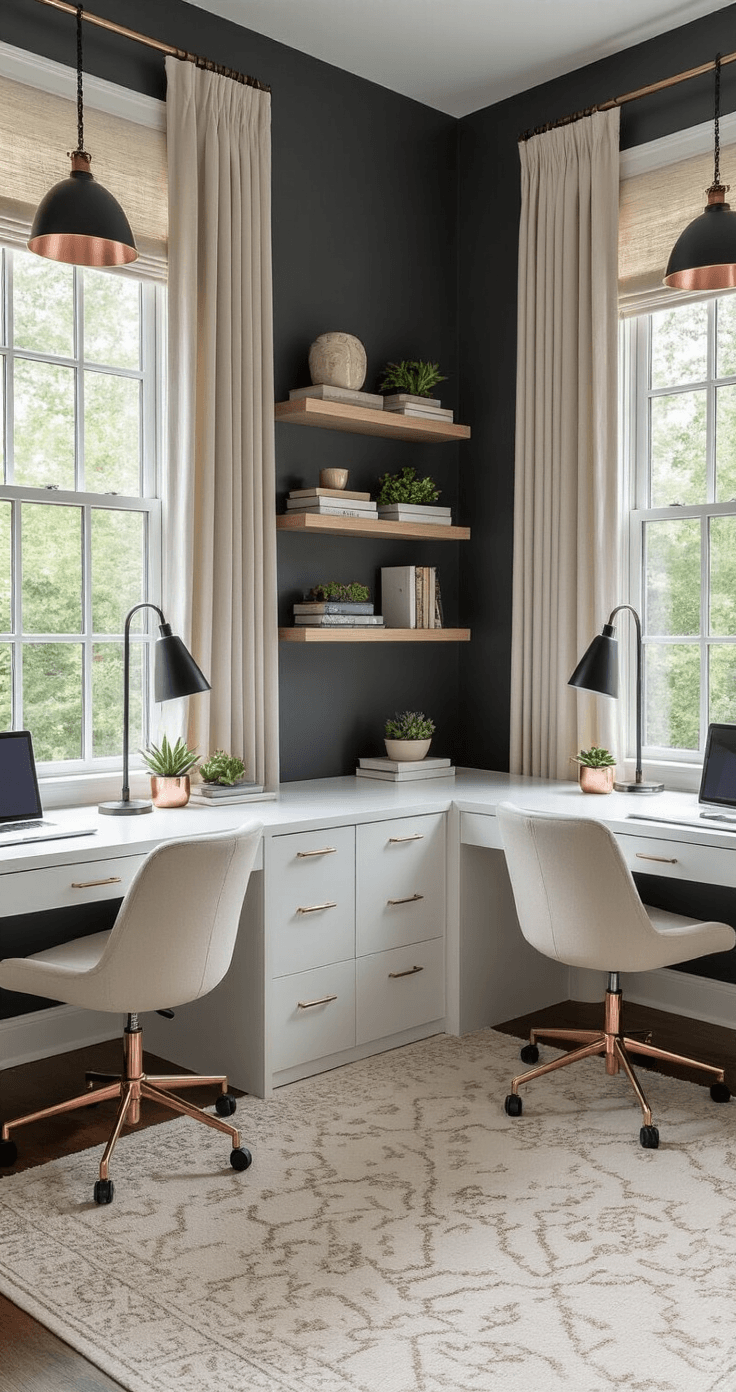 Spacious dual office featuring two identical white lacquer desks against a charcoal gray wall, illuminated by natural light from large windows, with rose gold desk accessories, a plush cream area rug, and modern pendant lights.