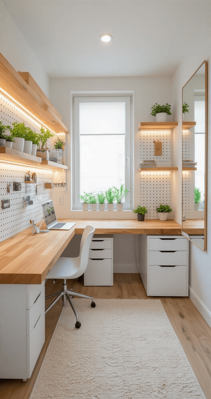 Compact micro-office design in a 6x7 foot space featuring L-shaped floating butcher block countertops, white file cabinets, slim office chairs, LED strip lighting, pegboard walls with organized supplies, a large mirror, and natural light from a window, creating an efficient and airy atmosphere.