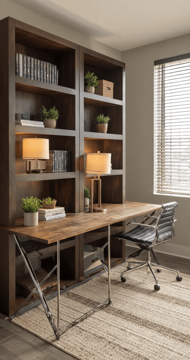 A modern shared office featuring a dark walnut bookcase as a room divider between two distinct workspace zones, one with a contemporary glass desk and chrome legs, the other with a rustic wooden farmhouse desk. Warm table lamps illuminate each space, and afternoon sunlight creates patterns through venetian blinds. The bookcase is decorated with business books, small plants, and decorative objects, with neutral area rugs defining each zone. The image is shot from an elevated angle, highlighting the balance between separation and visual connection.