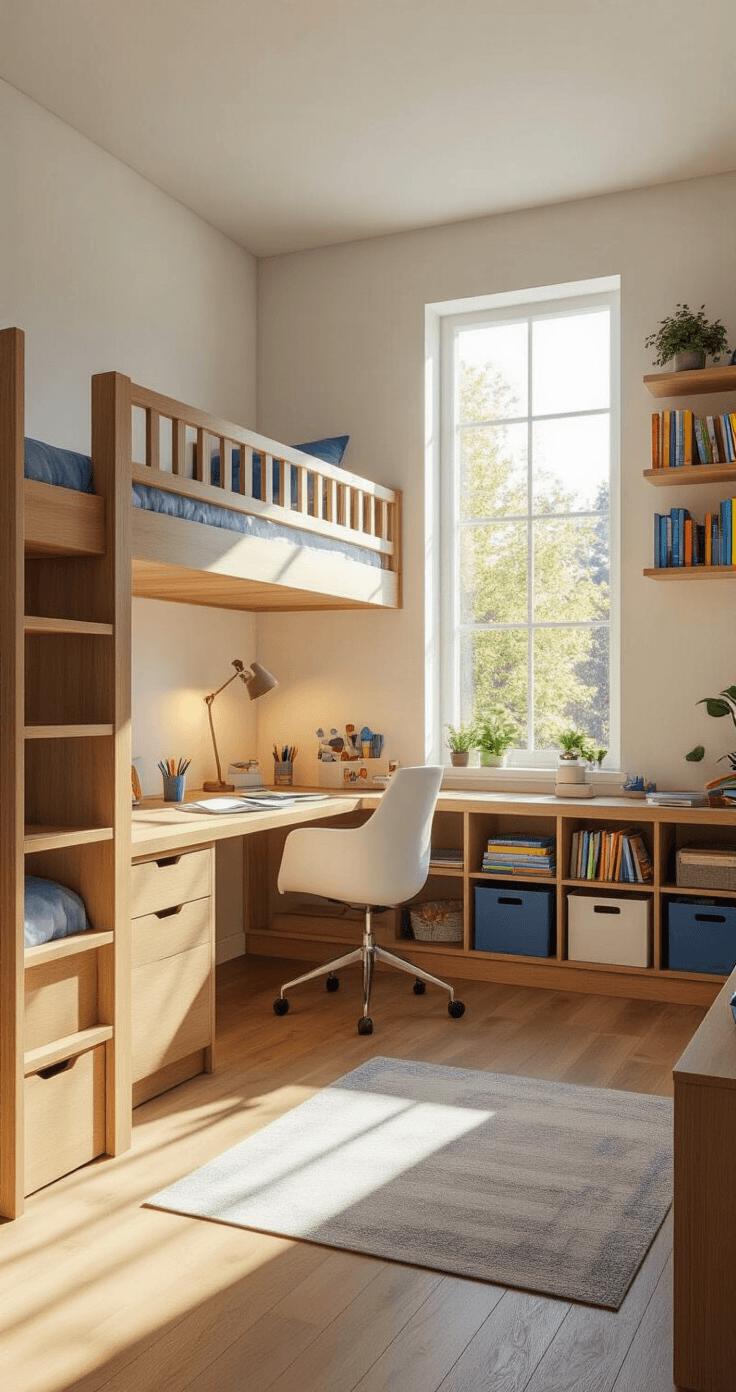 Photorealistic interior of a modern kid's bedroom featuring an L-shaped bunk bed with integrated desk, warm oak finish, afternoon sunlight streaming through a large window, polished hardwood floors, a white ergonomic chair with scattered school supplies, built-in shelving with colorful books and plants, crisp white bedding with navy blue pillows, and soft sage green walls with white trim.