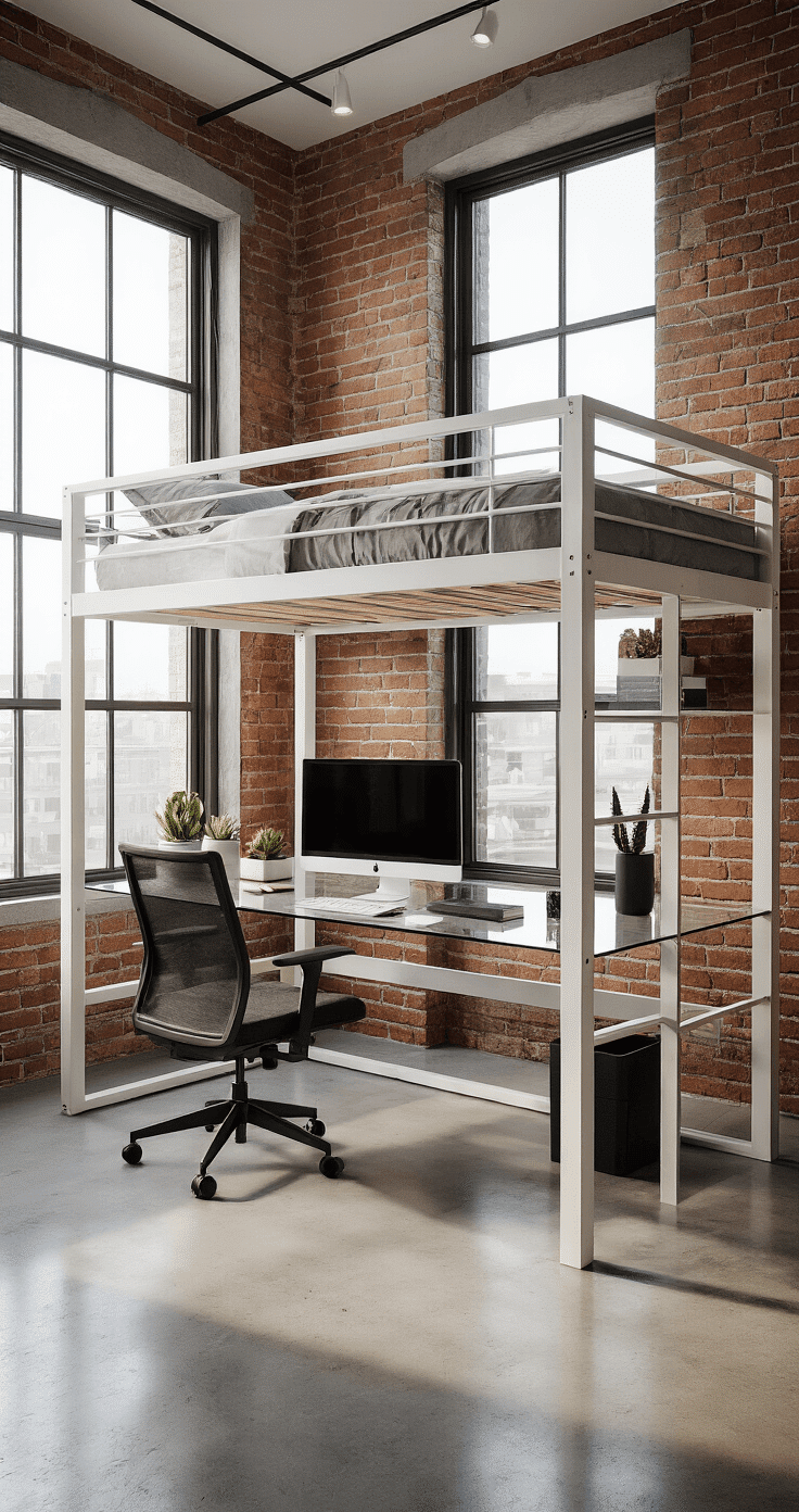 Cinematic view of a contemporary loft bed setup in a studio apartment, showcasing a twin bed on a white metal frame above a home office with a glass desk, ergonomic chair, dual monitors, and organized cable management, illuminated by morning light through floor-to-ceiling windows, with polished concrete floors and an exposed brick accent wall.