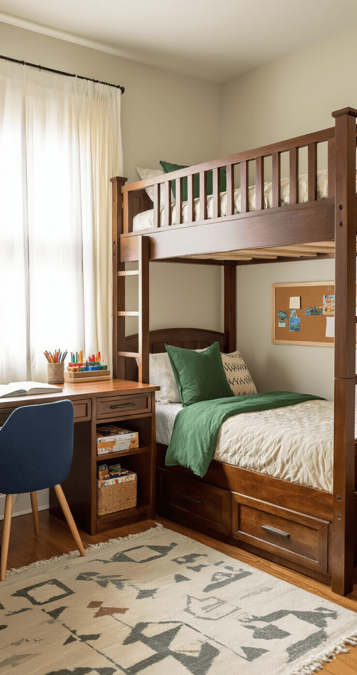 Wide-angle shot of a children's bedroom featuring a traditional stacked bunk bed in espresso finish with coordinating bedding in forest green and cream, a side desk setup with colorful supplies and pinned artwork, warm golden hour sunlight illuminating honey-colored hardwood floors, and soft cream walls adorned with colorful decals.