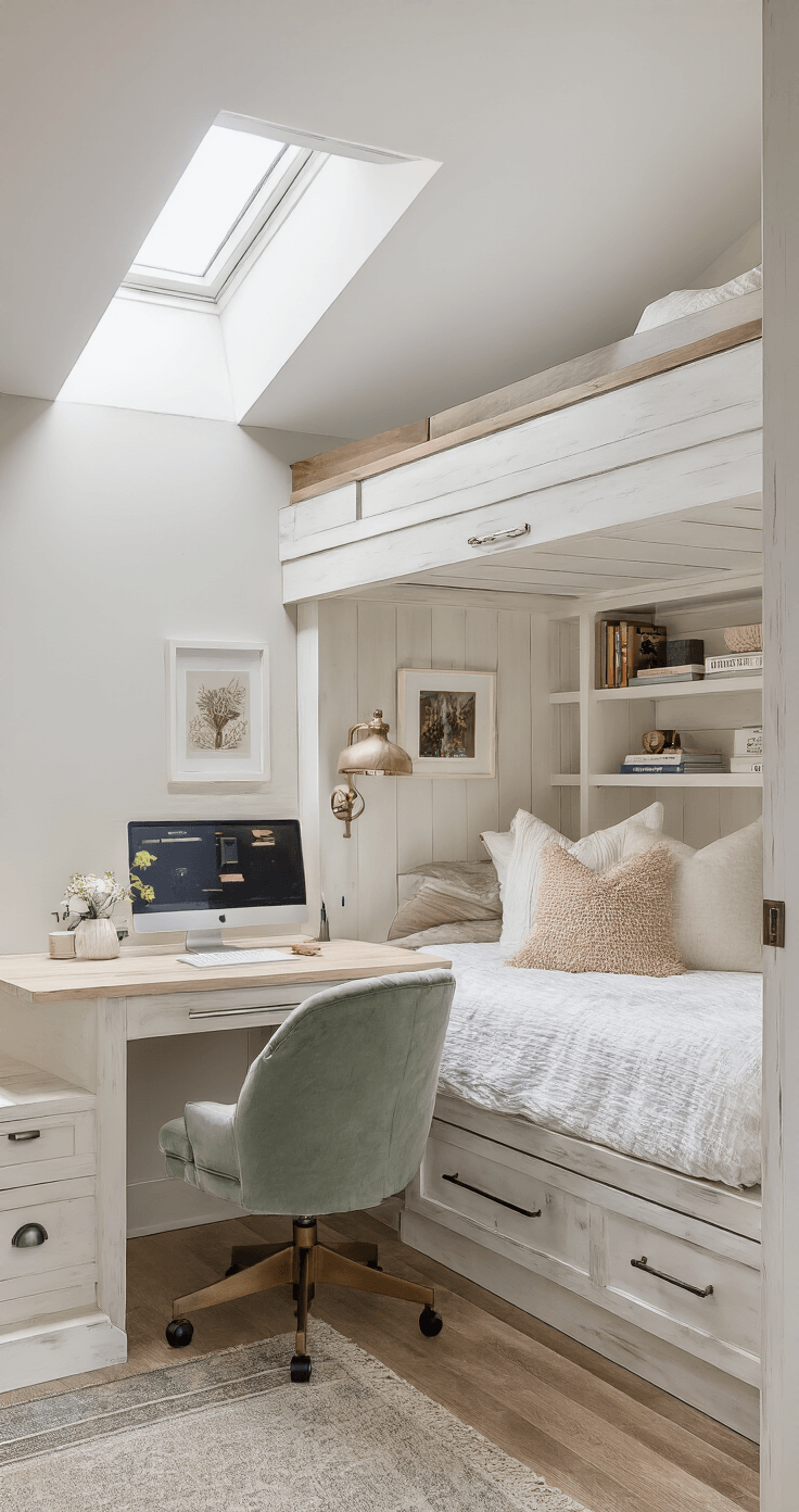 Detailed interior view of a premium loft bed system with storage, featuring a full-size bed with plush bedding, organizational pull-out drawers, a spacious desk with built-in shelves, and a sage green upholstered chair, all illuminated by natural light from a skylight, set against a backdrop of distressed white wood, oak flooring, and a shiplap accent wall.