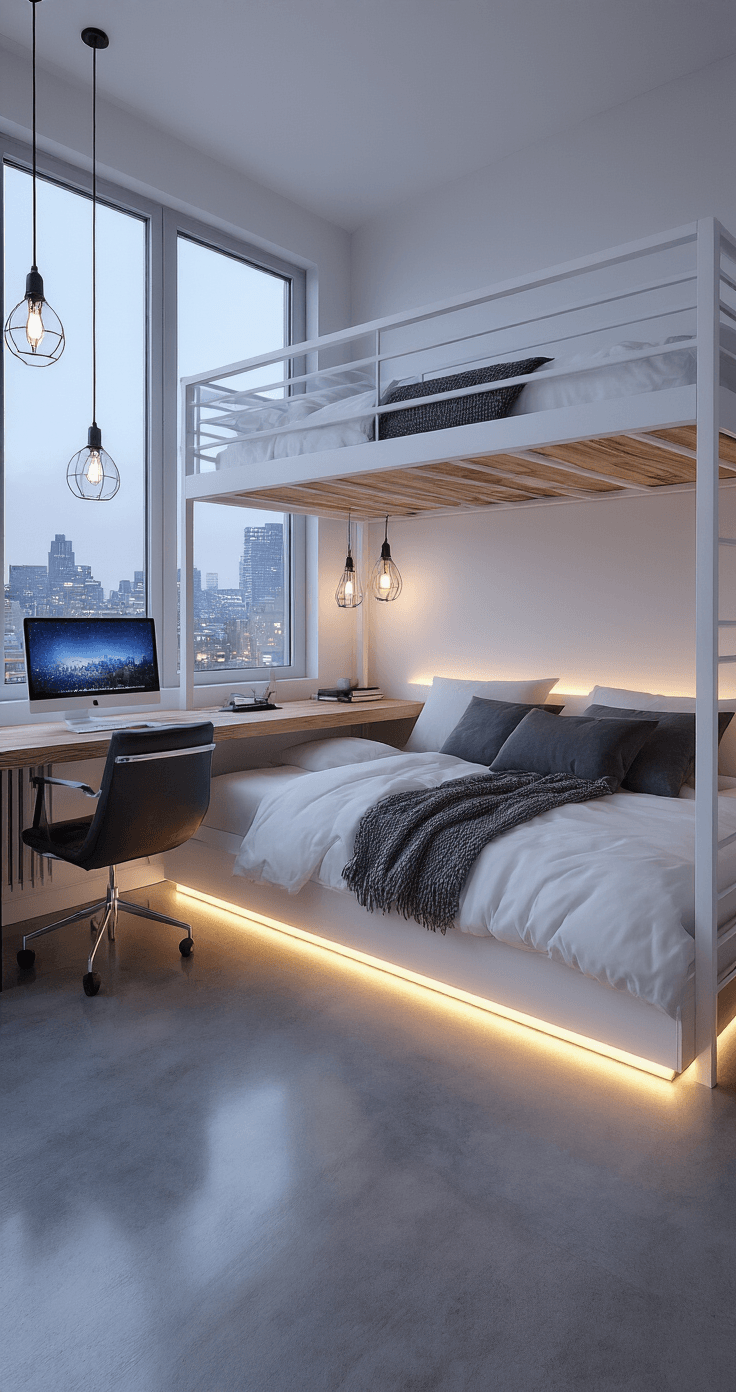 A contemporary teen bedroom featuring a minimalist loft bed with a sleek white metal frame, overlooking city lights during blue hour. The room includes a workspace with a live-edge wood desk and high-end computer setup, accented by mixed natural and artificial lighting, polished concrete floors, and floating shelves with modern decor.