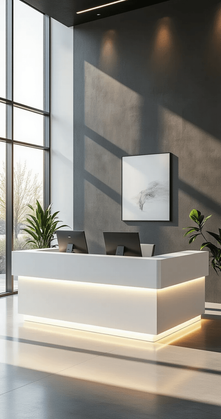 A modern L-shaped reception desk in white high-gloss laminate with brushed steel accents, positioned in a bright corporate lobby illuminated by golden hour sunlight, showcasing integrated LED lighting, a curved transaction counter, and a textured charcoal gray wall, with contemporary artwork and a plant enhancing the minimalist aesthetic.