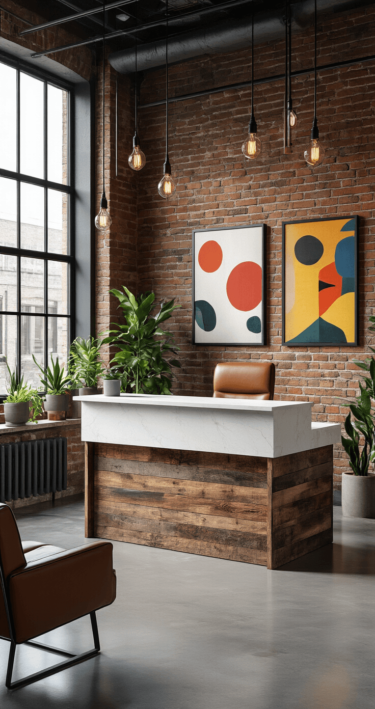 A modern 48-inch reception desk with a white quartz top and reclaimed wood base in a boutique agency lobby, surrounded by industrial windows, exposed brick walls, and artistic decor, creating a warm and innovative atmosphere.