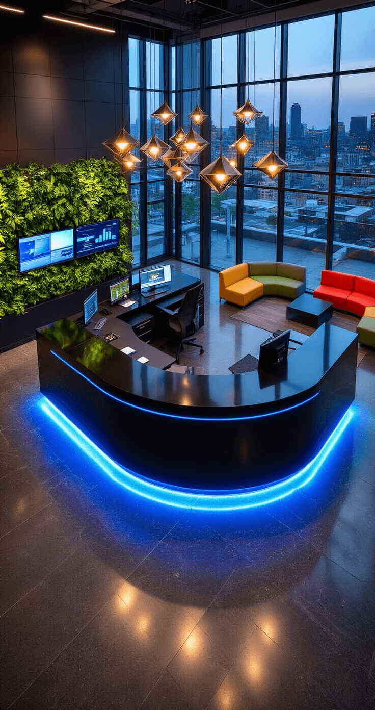 A dramatic U-shaped black high-gloss reception desk with hot-rolled steel accents in a tech company lobby, illuminated by cool LED strip lighting, surrounded by polished granite floors, living walls, and contemporary seating pods, all set against a backdrop of a city skyline at dusk.
