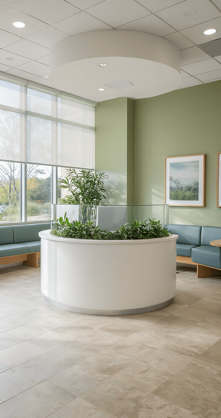 A circular white laminate reception desk with curved glass privacy screens, surrounded by calming blue upholstered seating and natural wood accents in a bright, open-concept medical office lobby featuring sage green walls and limestone tile floors.