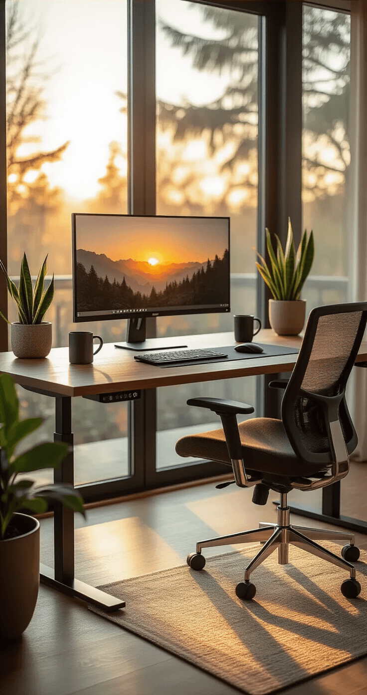 Professional home office with a sleek walnut sit-stand desk, ergonomic gray chair, and warm sunlight streaming through floor-to-ceiling windows, featuring a 27-inch monitor, leather desk mat, and potted snake plant, captured during golden hour.
