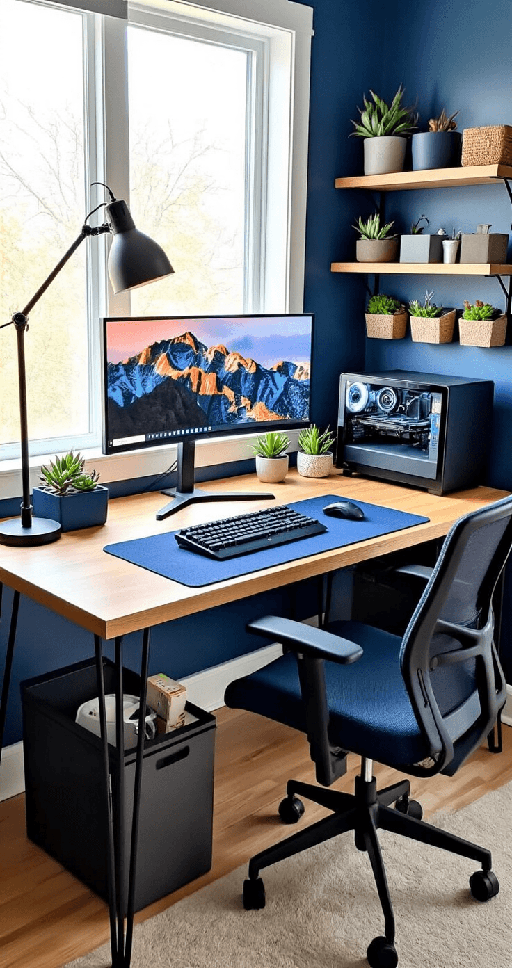 Professional workspace featuring IKEA countertop desk with industrial hairpin legs, refurbished Herman Miller chair, ultrawide monitor on adjustable arm, and organized accessories, all captured in warm afternoon lighting with a neat, budget-friendly setup.