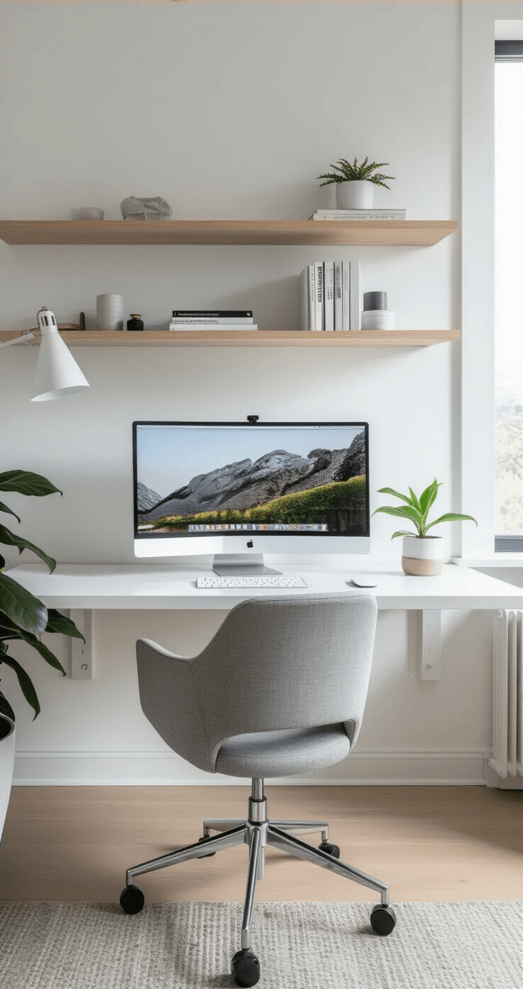 Minimalist home office with floating desk, ergonomic chair, and natural light, featuring a clutter-free surface and wall-mounted shelves in a soft gray and white palette.