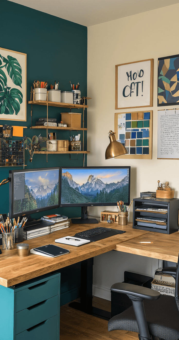 Corner view of a creative workspace with an L-shaped desk featuring dual monitors, organized supplies, and inspiration boards, all bathed in warm afternoon light, highlighting a blend of second-hand and DIY furniture in deep teal, brass, and natural wood tones.