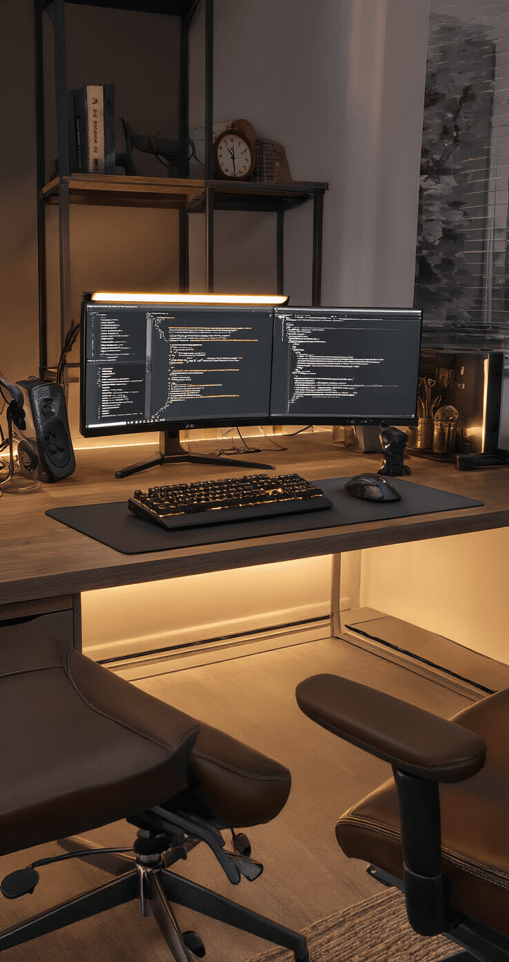 Modern home office with dramatic evening lighting, featuring an ultrawide monitor, ergonomic chair, and premium accessories. Rich browns and matte blacks create a sophisticated workspace atmosphere.