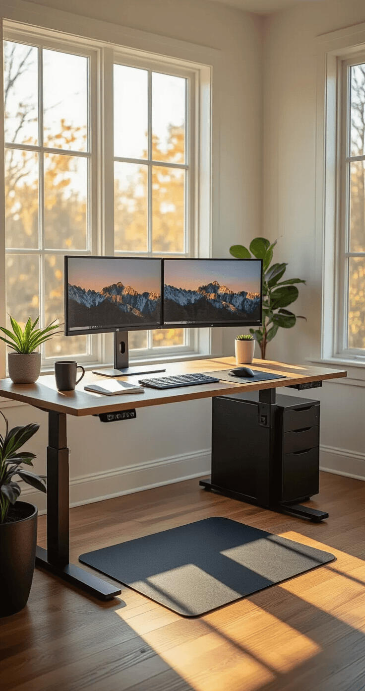 Photorealistic home office featuring a modern electric standing desk with dual monitors, organized workspace items, large south-facing window, hardwood floors, and warm color palette, captured at a 45-degree angle in soft natural light.