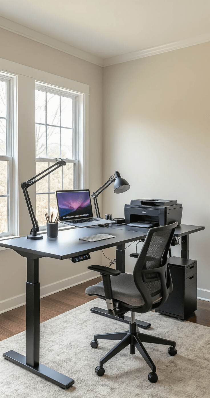 Contemporary home office with an L-shaped standing desk in dove gray and black, ergonomic chair, and organized accessories, featuring north-facing windows and a neutral color scheme in a 12x14-foot space.