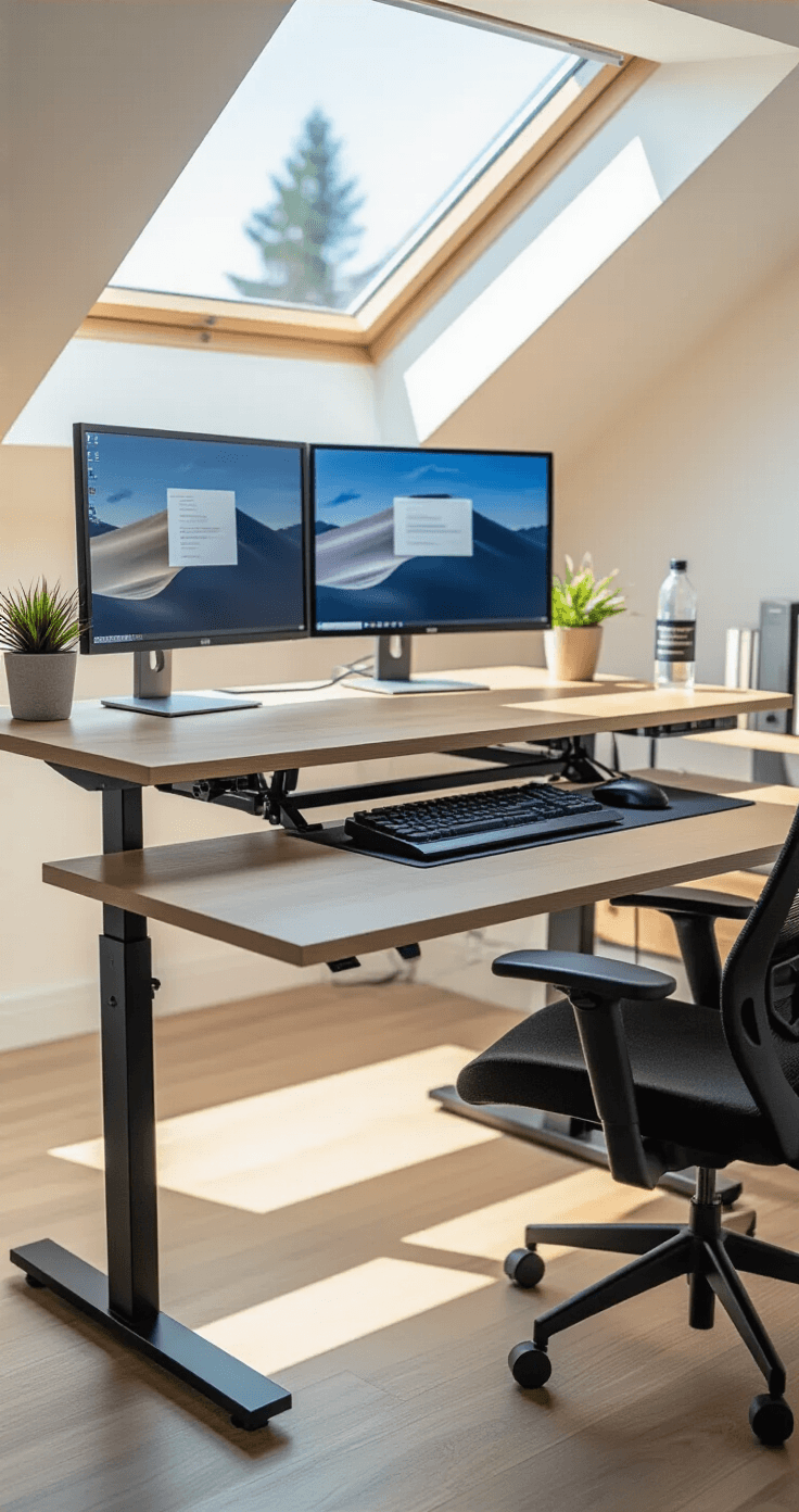A high-angle shot of a compact home office with a partially raised 48-inch wide standing desk featuring dual monitors at eye level. The scene shows the desk mid-transition between sitting and standing positions, with an anti-collision system engaged. Bright morning light streams through a skylight, illuminating the space decorated with a minimalist keyboard, a small potted plant, and a water bottle. Clean cable management is evident, highlighting a color palette of bright whites, steel blue accents, and blonde wood tones, with motion blur capturing the gentle movement of the desk.