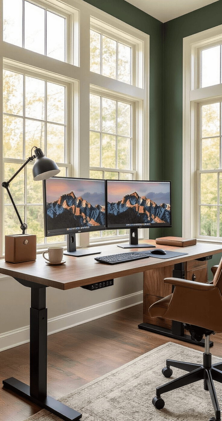 A spacious home office featuring a premium solid wood standing desk with a dual monitor setup, illuminated by golden morning light through large east-facing windows, surrounded by a rich color scheme of walnut wood grain and ivory walls with a forest green accent wall.