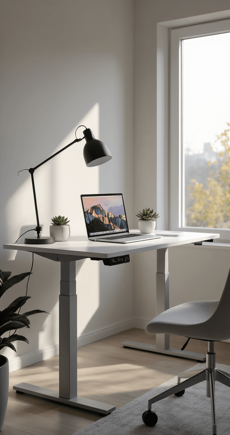 Modern minimalist home office featuring a compact standing desk in a small 9x11 foot room, showcasing a MacBook, wireless charging pad, succulent, and sleek desk lamp against a monochromatic palette of whites and grays, illuminated by warm afternoon light.