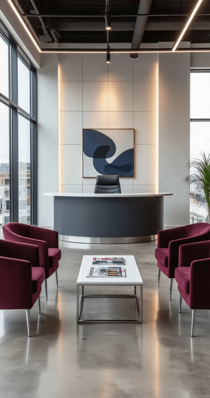 A modern office reception area featuring a curved charcoal gray reception desk with a white quartz top, surrounded by burgundy velvet guest chairs and a glass coffee table, all bathed in soft natural light from floor-to-ceiling windows.