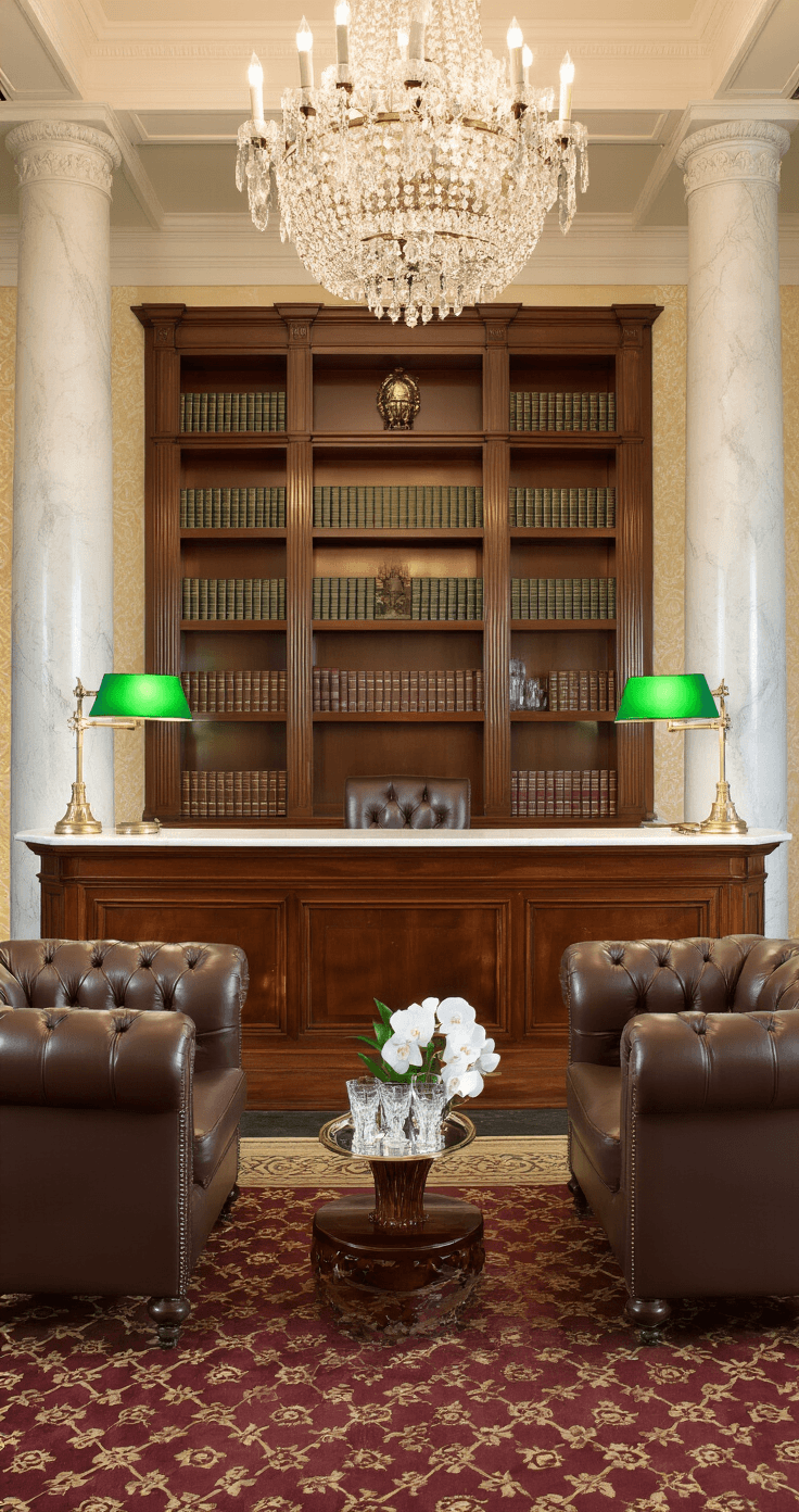 Upscale hotel lobby reception area featuring a mahogany desk with brass inlays, crystal chandeliers, marble columns, and shelves displaying books and decanters, all illuminated by warm, golden hour lighting.