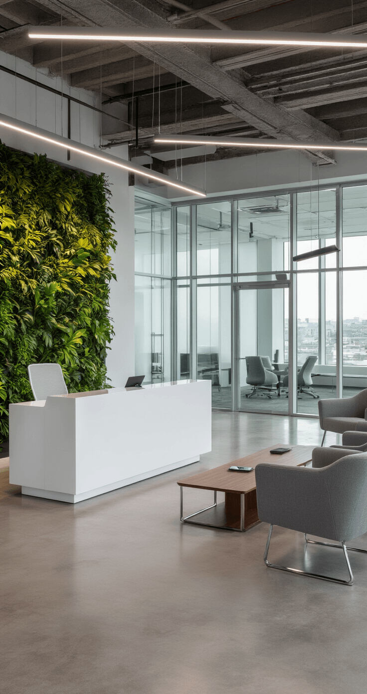 Sleek corporate office lobby with exposed steel beams and polished concrete floors, featuring a minimalist white reception desk, ergonomic chair, living wall of greenery, modern gray chairs, and industrial pendant lights, captured from a low angle under bright LED lighting.