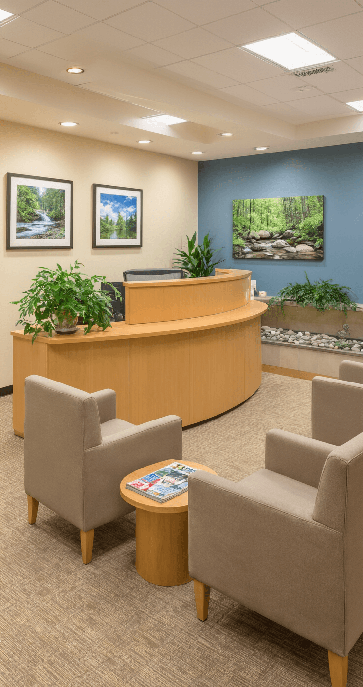 A warm and inviting medical office reception area featuring cream walls, maple wood accents, and taupe seating arranged in an L-shape around oak side tables, with framed nature photography and live plants enhancing the calming atmosphere.