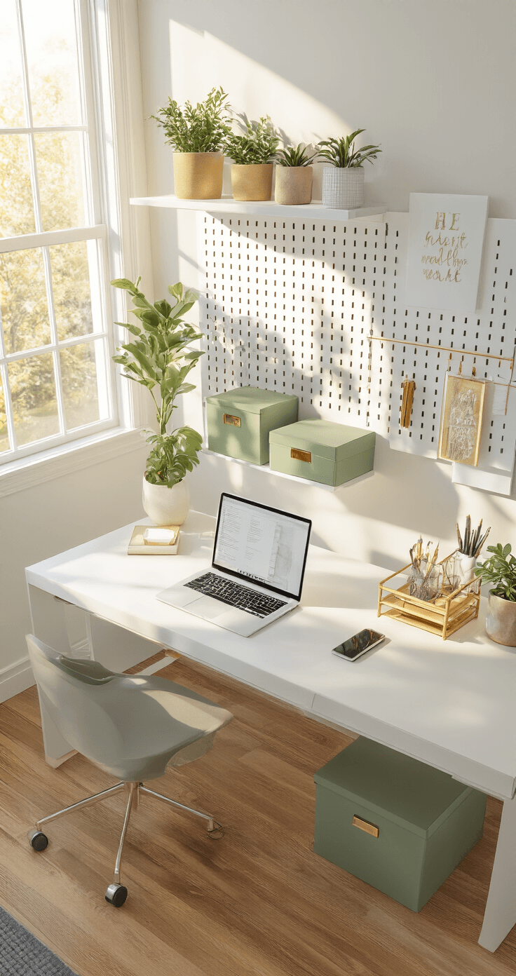 Photorealistic overhead view of a modern home office desk featuring a sleek white lacquered desk with a laptop on a bamboo stand, sage green storage boxes, and an acrylic pen organizer, all illuminated by warm golden hour sunlight and accompanied by a pegboard displaying plants and motivational prints.